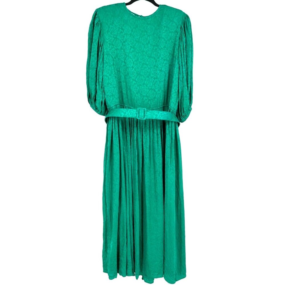 Vtg Garfinckels Green Silk Dress 80s Womens 6 Jacquard Print Puff Sleeve Pleated